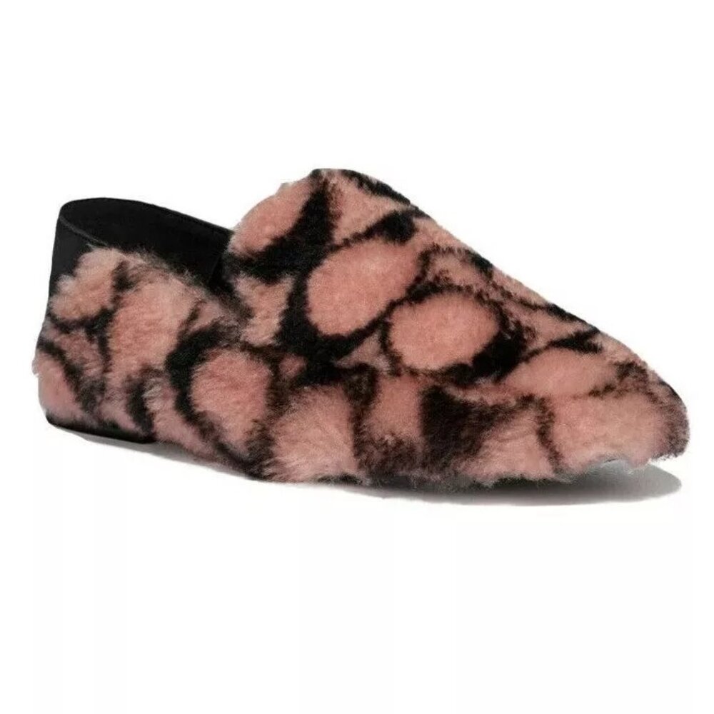 Coach Holly Monogram Shearling Leather Loafers Slippers Light Pink/Black 8.5